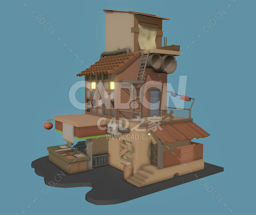 C4D挂着红灯笼的低聚卡通贫困建筑模型下载 - C4D之家 - 65.jpg