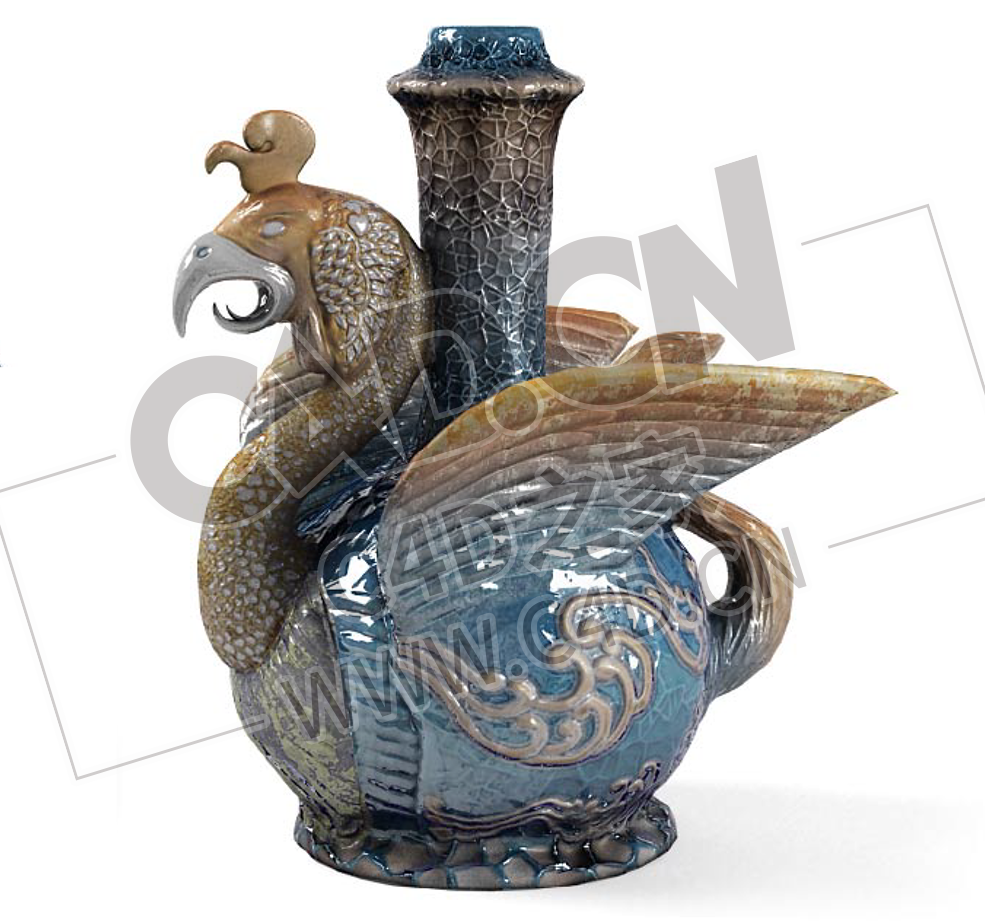 凤凰雕花古董花瓶琉璃瓶工艺品酒壶C4D模型下载 - C4D之家 - 25.png