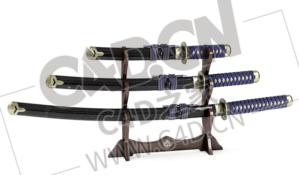 三把日本刀工艺品摆件C4D模型下载