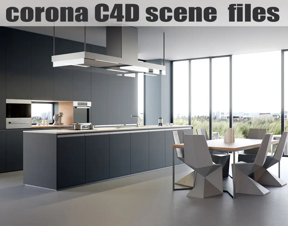C4D室内现代厨房场景模型C4D Minimalist Kitchen Interior Scene 3D Model
