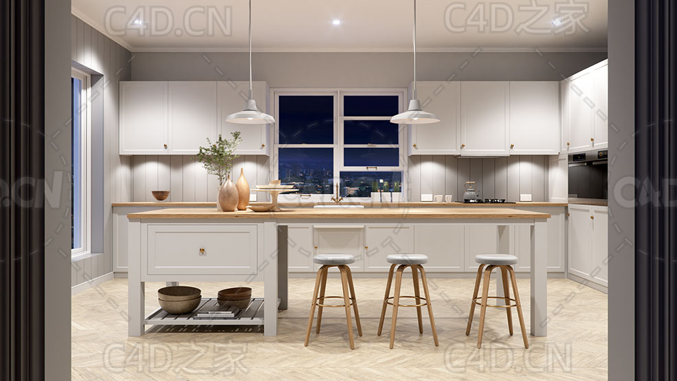 法国乡村厨房开放式厨房餐厅场景3D模型 French Country Kitchen Interior 3D Model