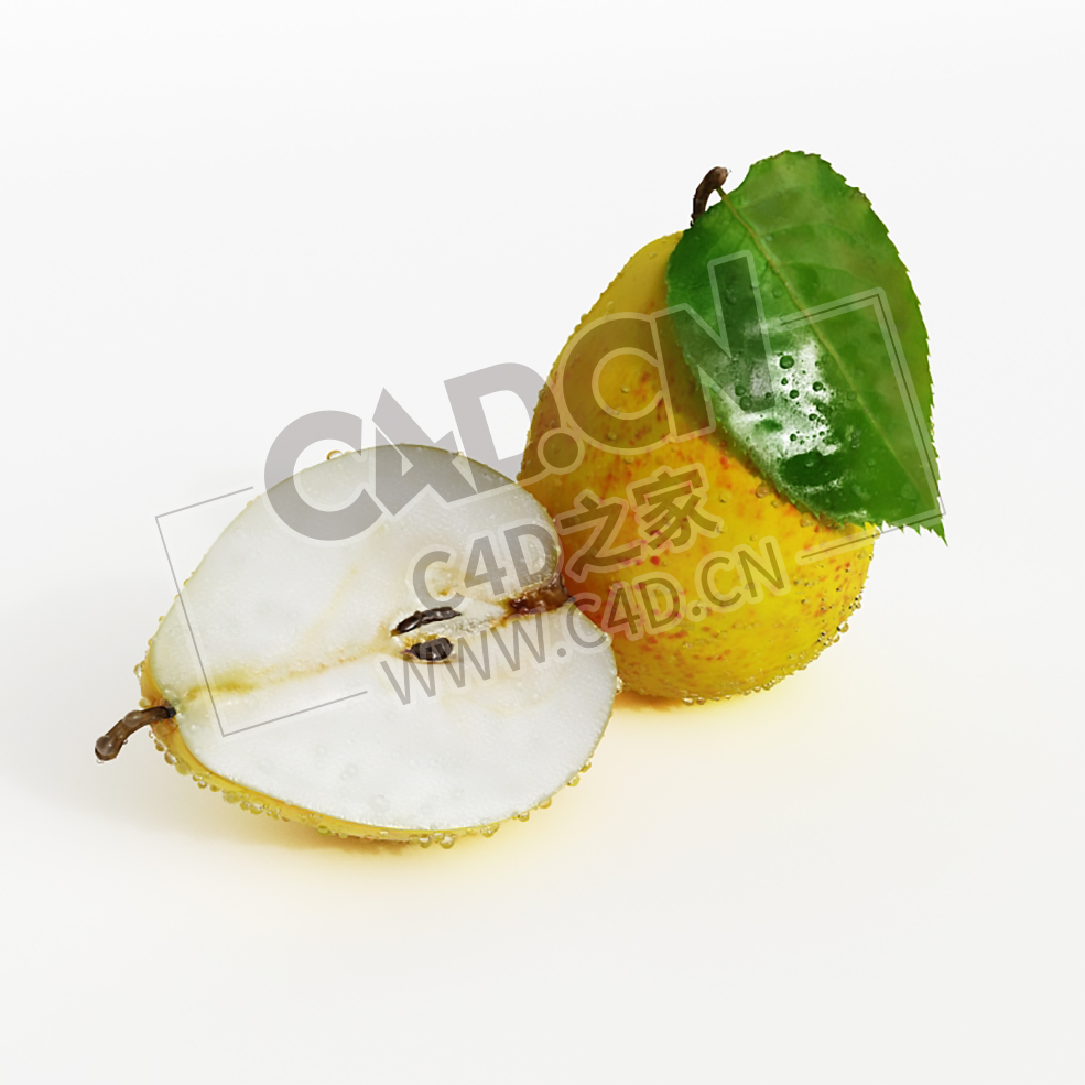 新鲜的梨子水果带叶子露珠的梨切开的一半梨C4D模型 Pear - C4D之家 - 042.jpg