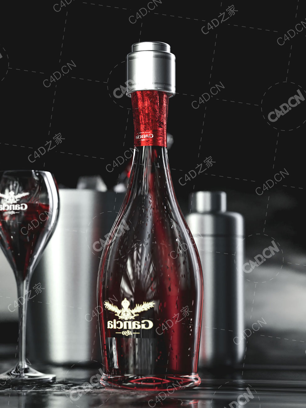洋酒瓶酒杯场景C4D Octane Renderer模型