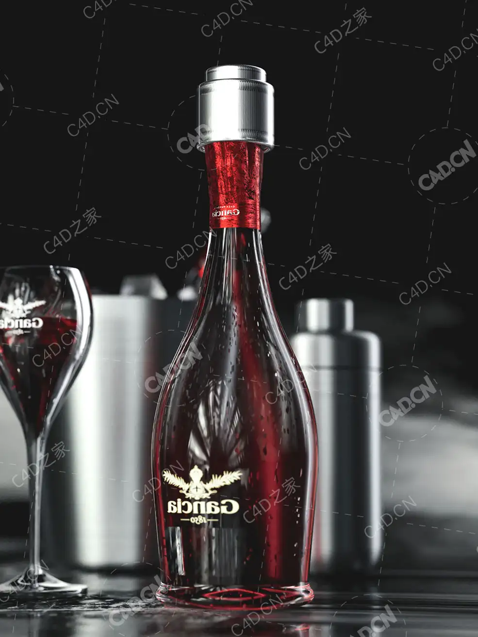 洋酒瓶酒杯场景C4D Octane Renderer模型