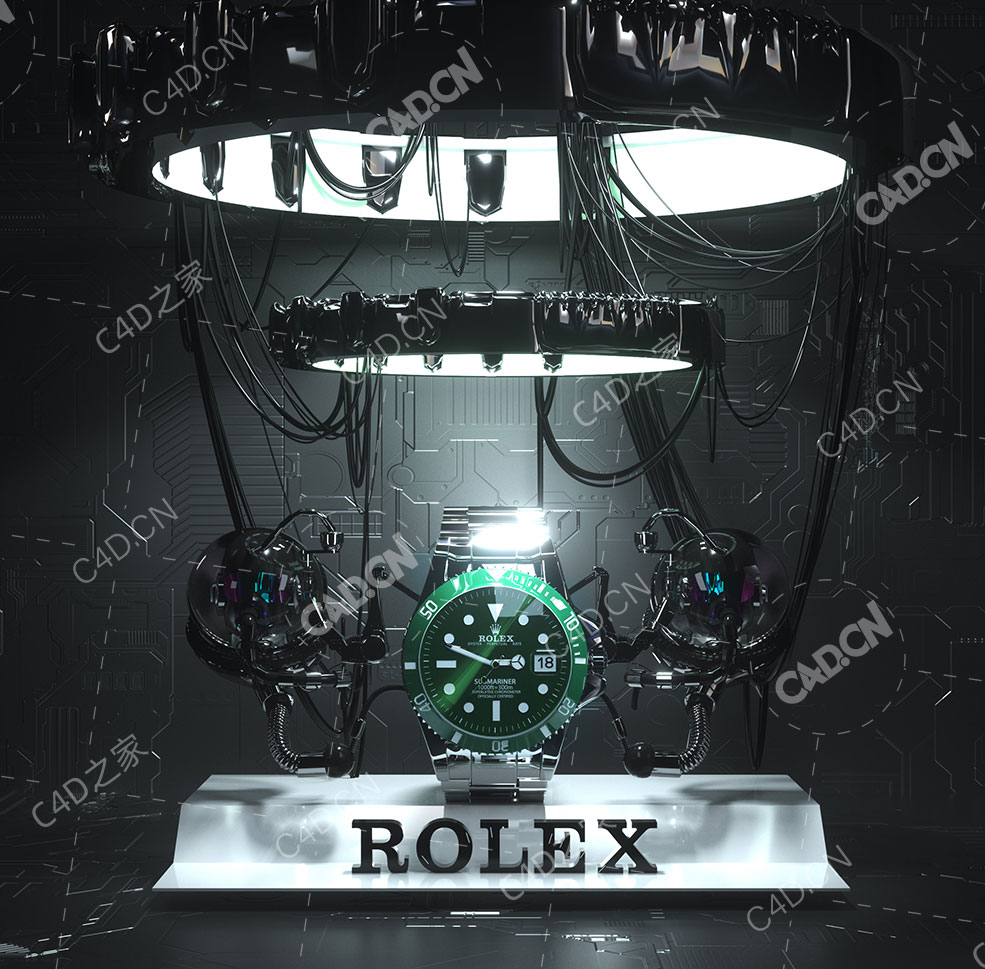 劳力士手表机械科幻场景科技暗黑产品背景C4D OCTANE模型