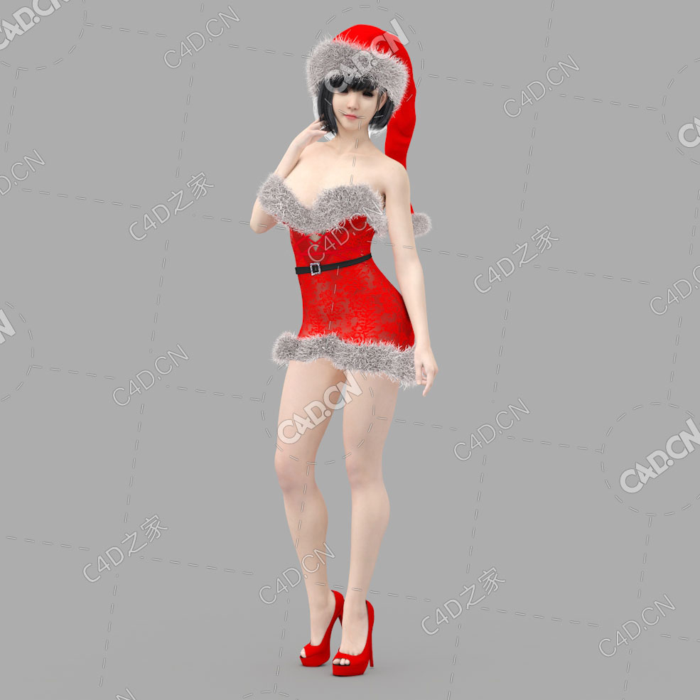 圣诞女郎性感女孩红色圣诞装圣诞帽女孩C4D模型