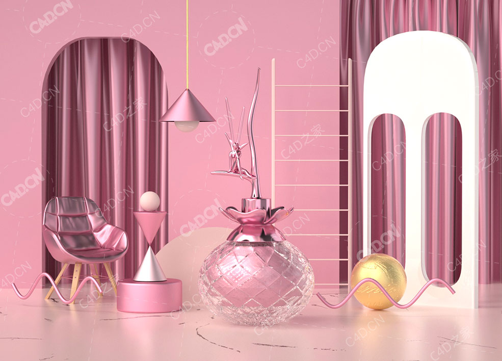 粉色系香水瓶场景电商背景C4D OCTAND模型