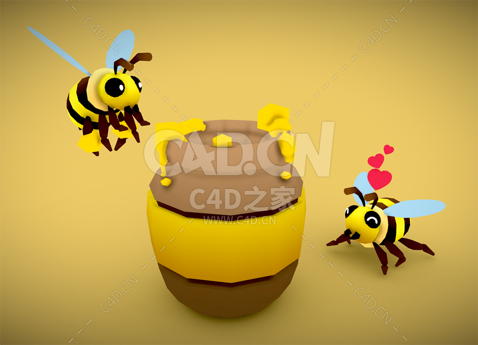 C4D卡通小蜜蜂和蜂蜜罐模型下载 - C4D之家 - 02.jpg