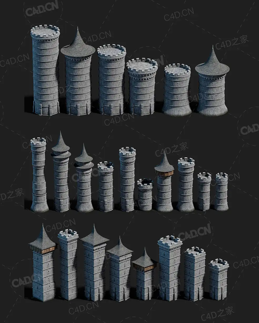 24个《权力游戏》中世纪城堡组件-塔楼模型合集Render Crate Castle Towers