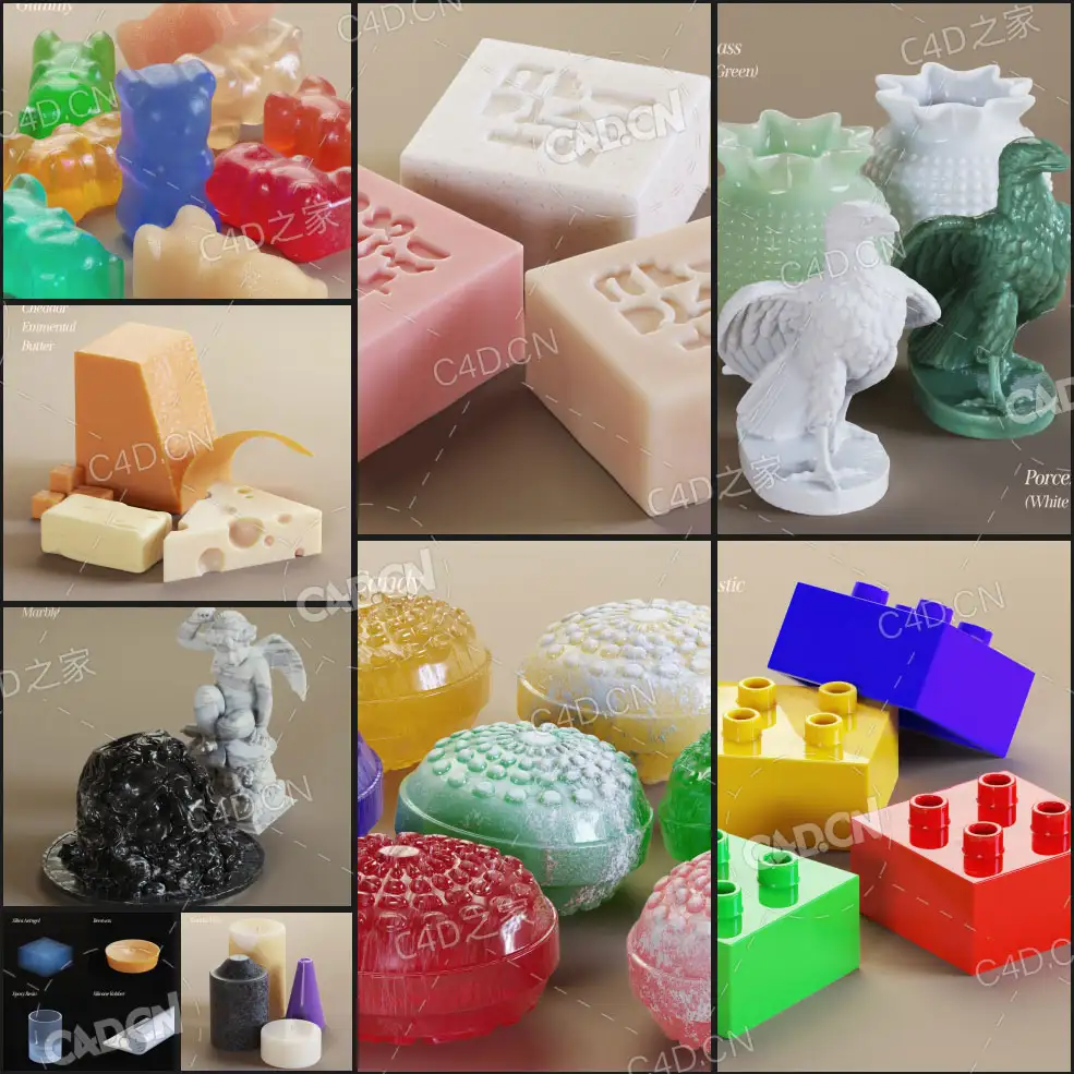 9个C4D玉石蜡烛塑料糖果肥皂材质模型工程预设 SSS Pack for Cinema 4D Octane
