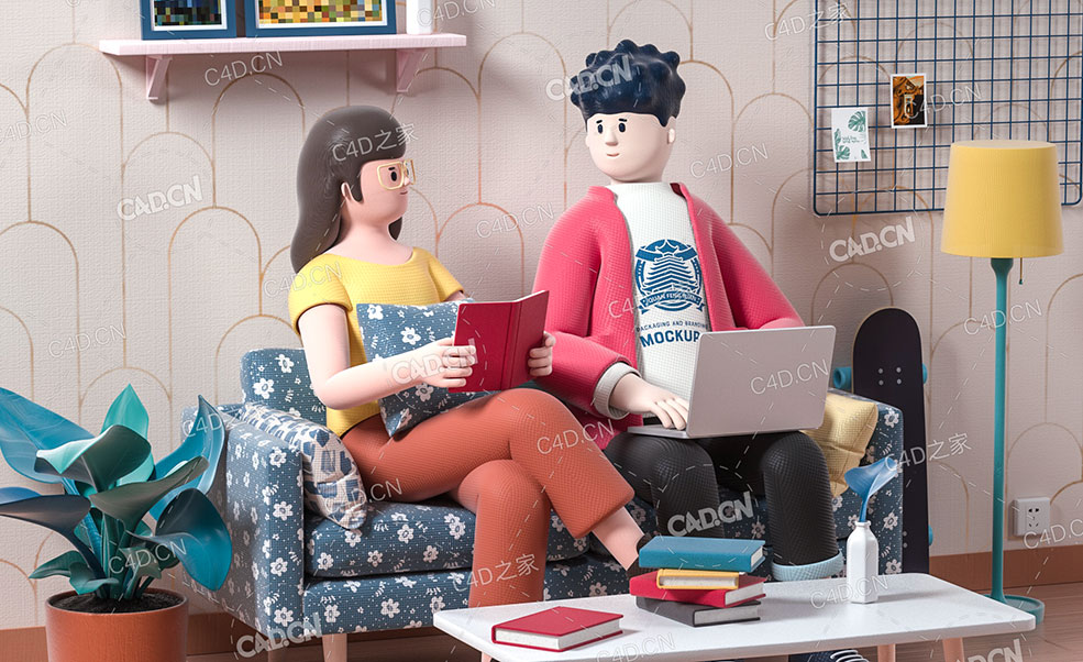坐在沙发上聊天的年轻男女卡通角色C4D OCTANE模型 - C4D之家 - 小场景渲染后期.jpg
