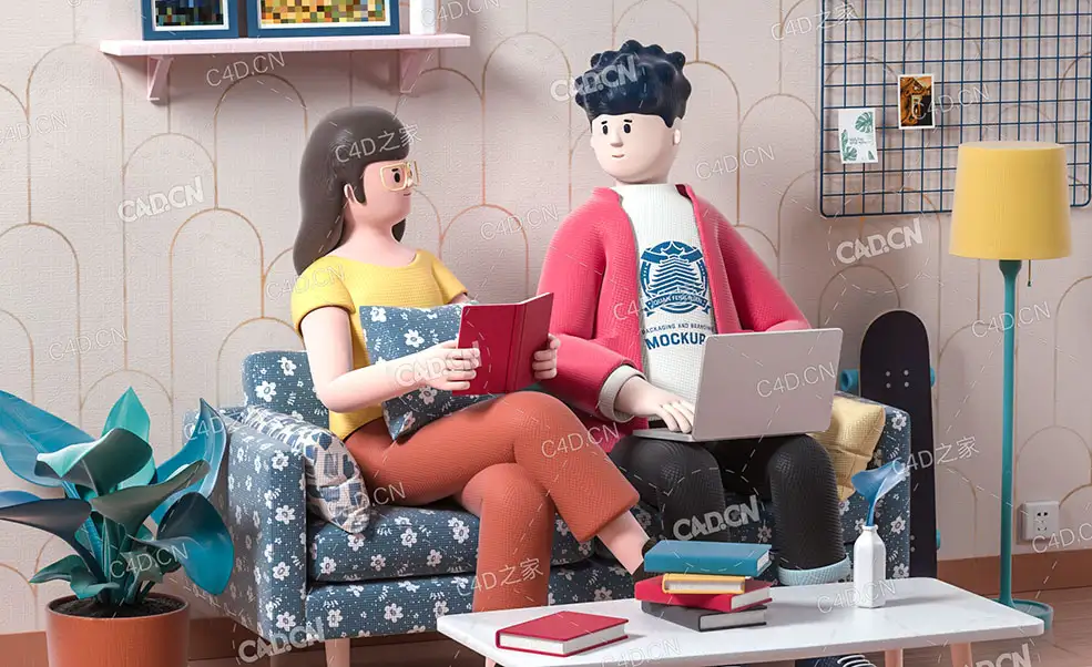 坐在沙发上聊天的年轻男女卡通角色C4D OCTANE模型 - C4D之家 - 小场景渲染后期.jpg