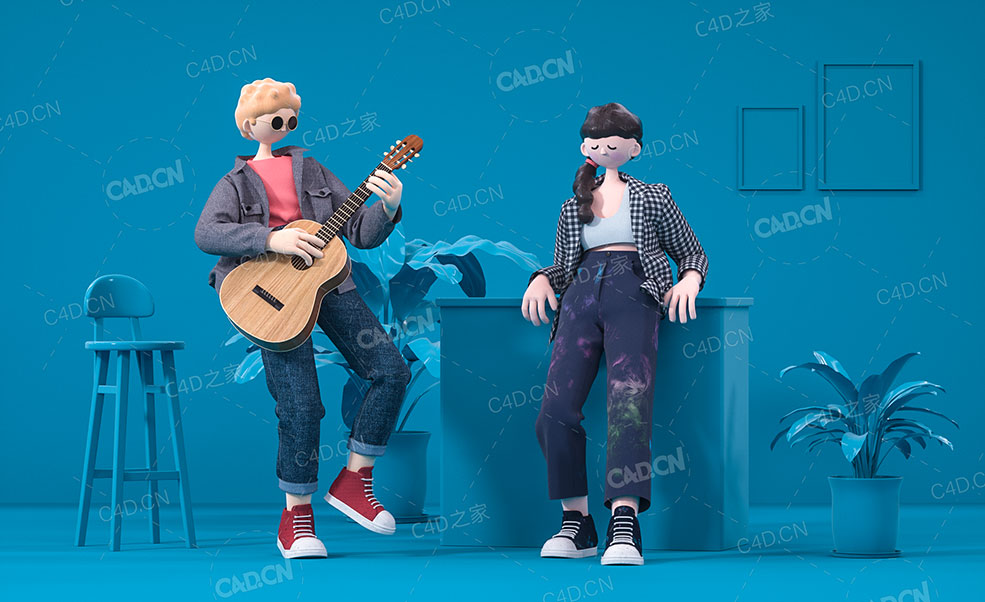C4D OC为女友弹奏吉它的少年卡通布料人偶场景模型 - C4D之家 - C4D PS-布料解算小场景渲染后期.jpg
