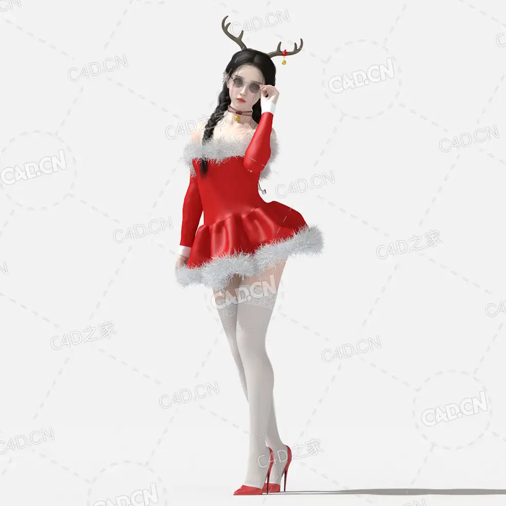 穿红色短裙蕾丝白丝袜的圣诞女郎C4D模型