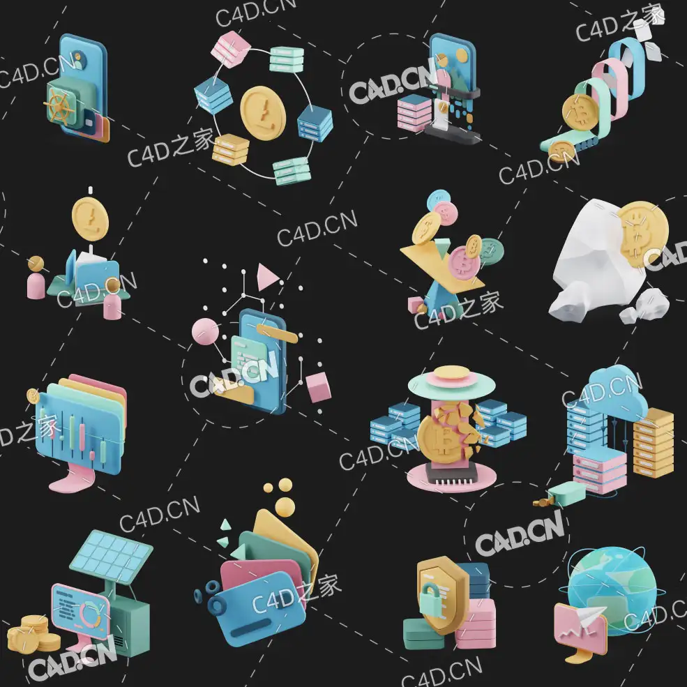30个数字金融在线支付字加密数字货币C4D立体图标模型 - C4D之家 - 未命名2.jpg