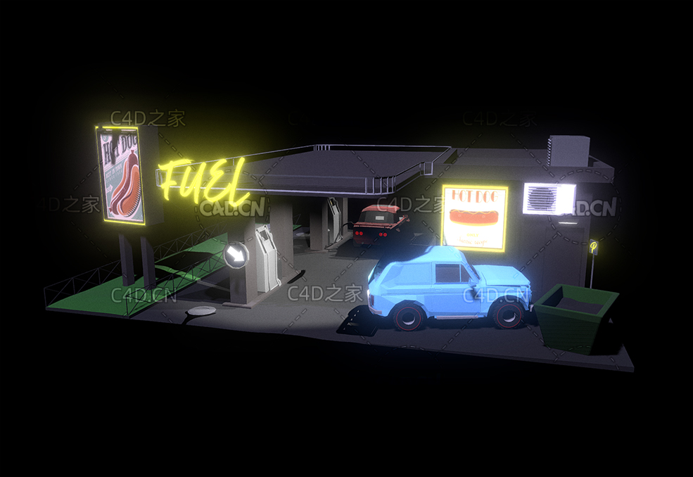 C4D夜间低面多边形卡通加油站模型 - C4D之家 - 01.jpg