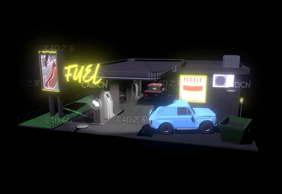 C4D夜间低面多边形卡通加油站模型 - C4D之家 - 01.jpg