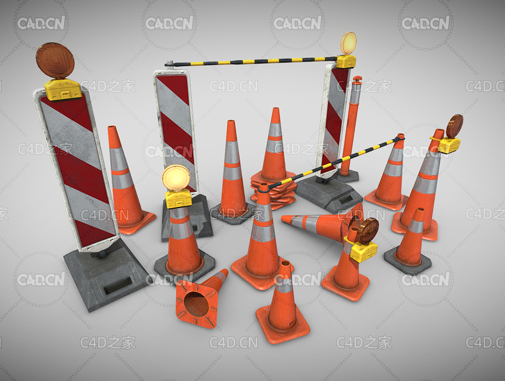 C4D交通锥道路施工雪糕筒模型合集 - C4D之家 - 03.jpg