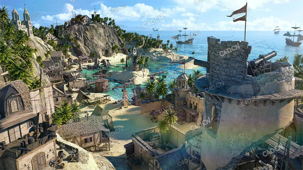 102个海盗天堂金银岛沿海建筑模型合集码头教堂庄园Kitbash3D – Treasure Island