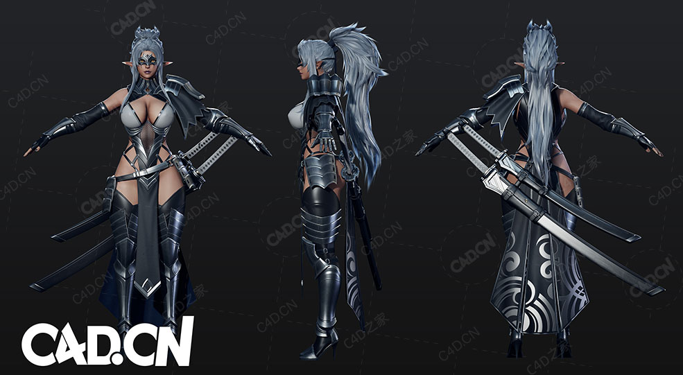 黑暗精灵游戏性感女侠C4D模型 ArtStation – Dark Elf Blader – Game Ready - C4D之家 - frontsideback.jpg
