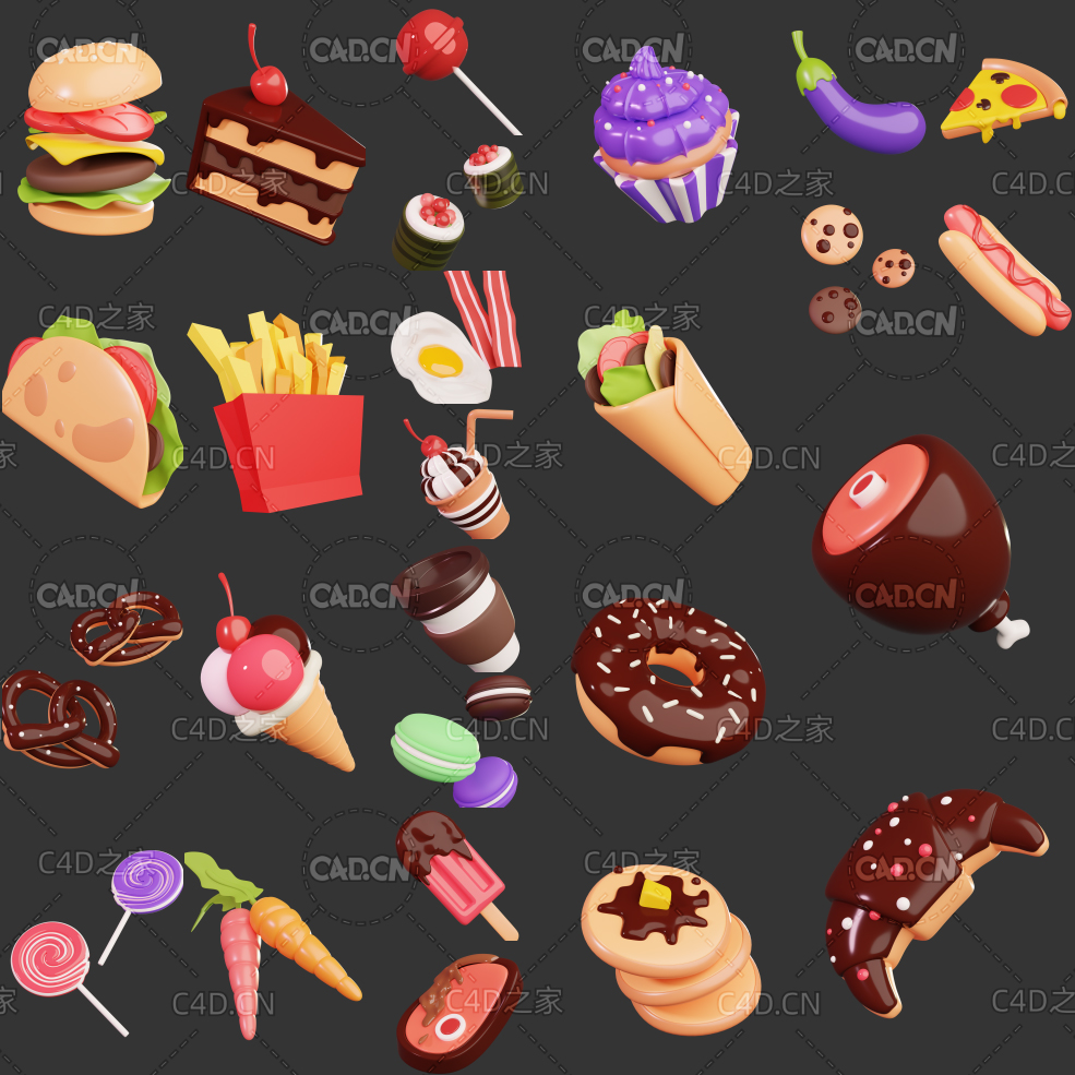 26个卡通快餐食物模型合集Food Supplies 3D Icons