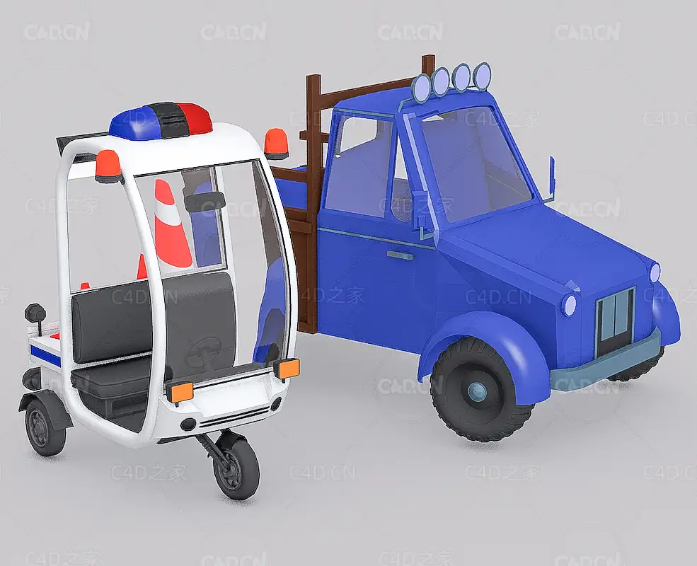 卡通低面警用巡逻车卡车C4D模型