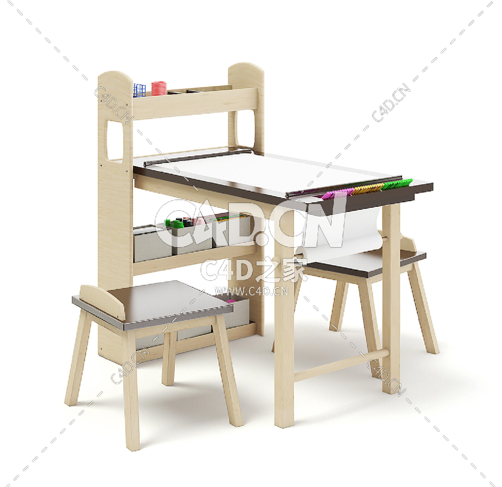 儿童凳子画桌子C4D模型下载 Kids Drawing Desk with Stools - C4D之家 - 01.jpg