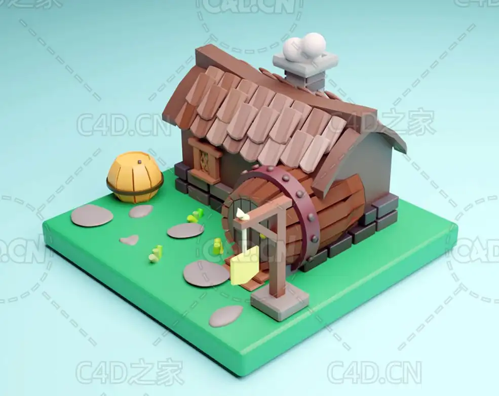 卡通小木屋C4D模型Cartoon Village House 3D Model