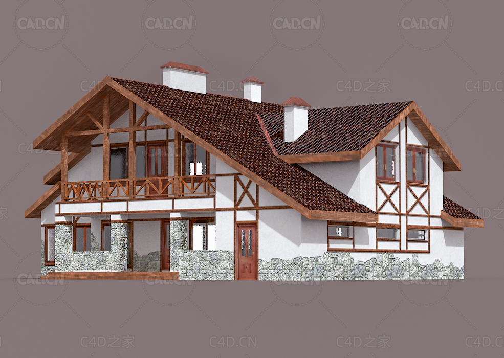 低面木头小屋别墅房子C4D模型3D CHALET HOUSE MODEL