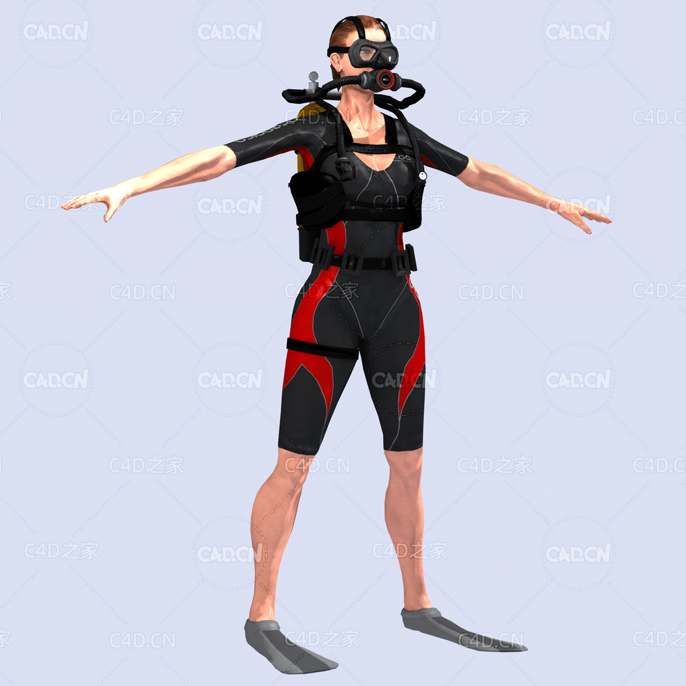 女潜水员向前游走姿势动画深海潜水蛙人C4D模型DiverSeeker
