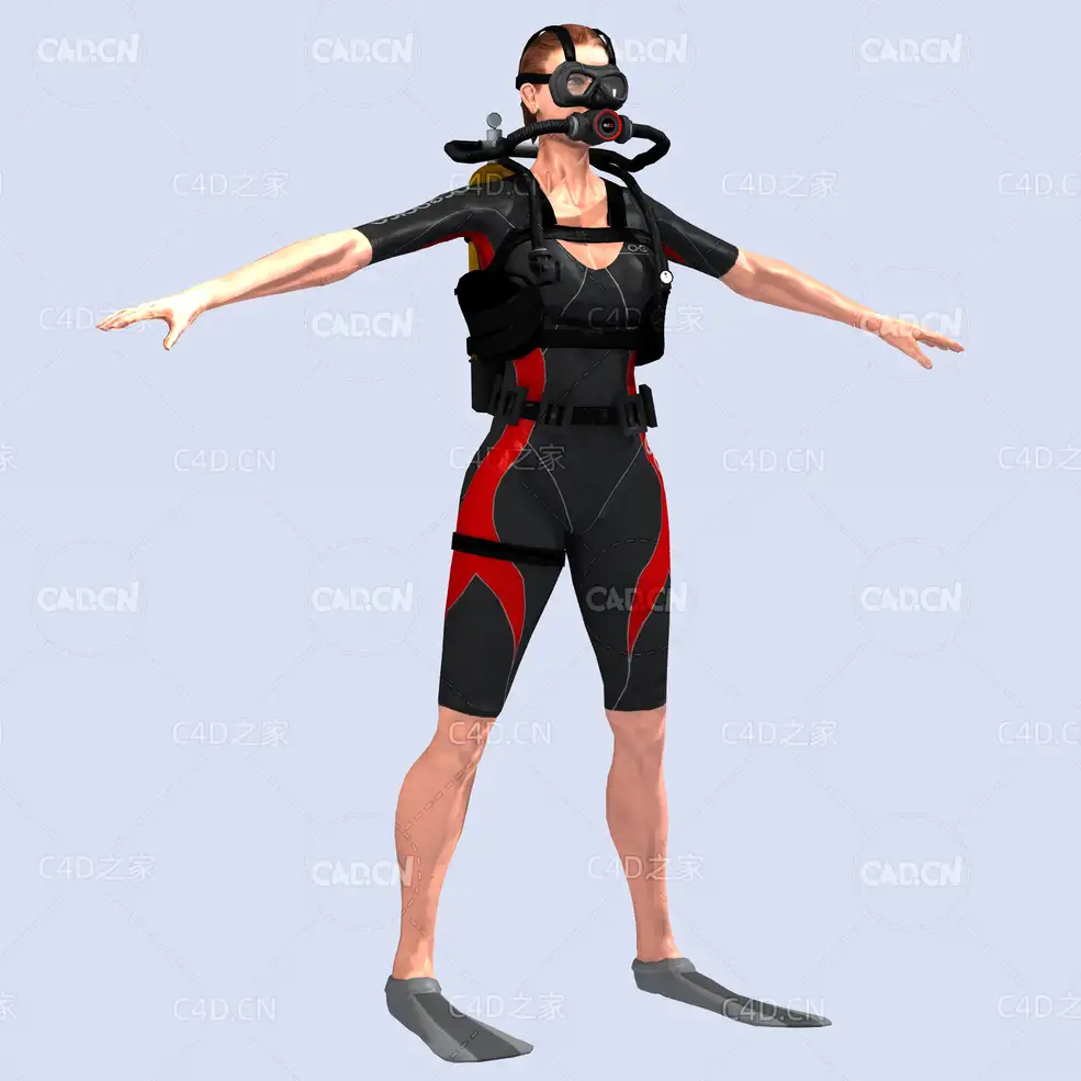 女潜水员向前游走姿势动画深海潜水蛙人C4D模型DiverSeeker