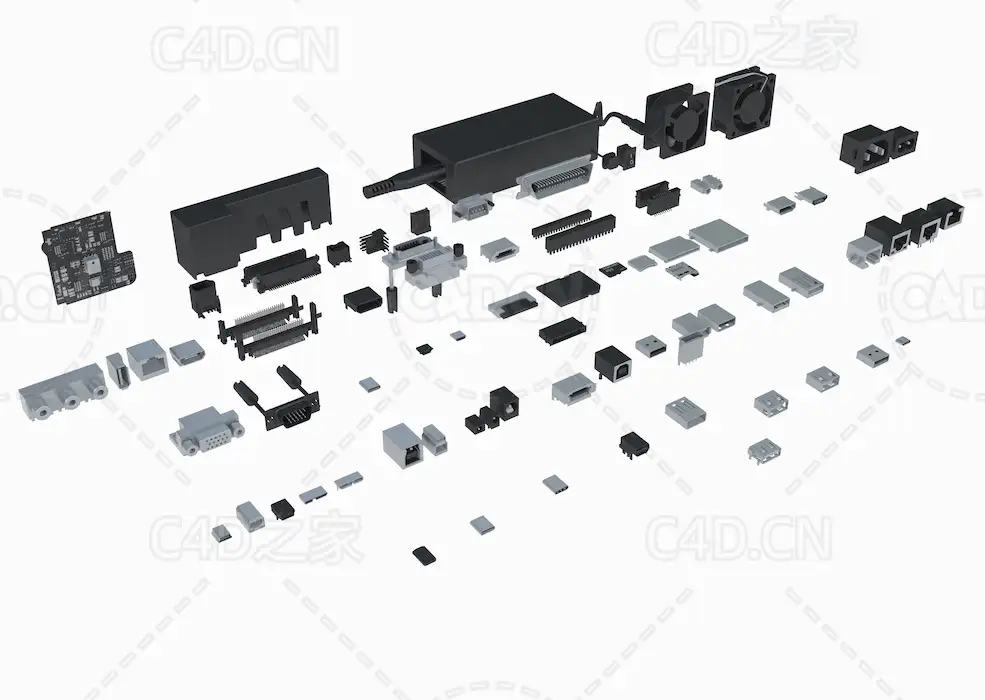 近百个常用电子零件插头接口模型 - C4D之家 - Rhion5-电子零件.jpg