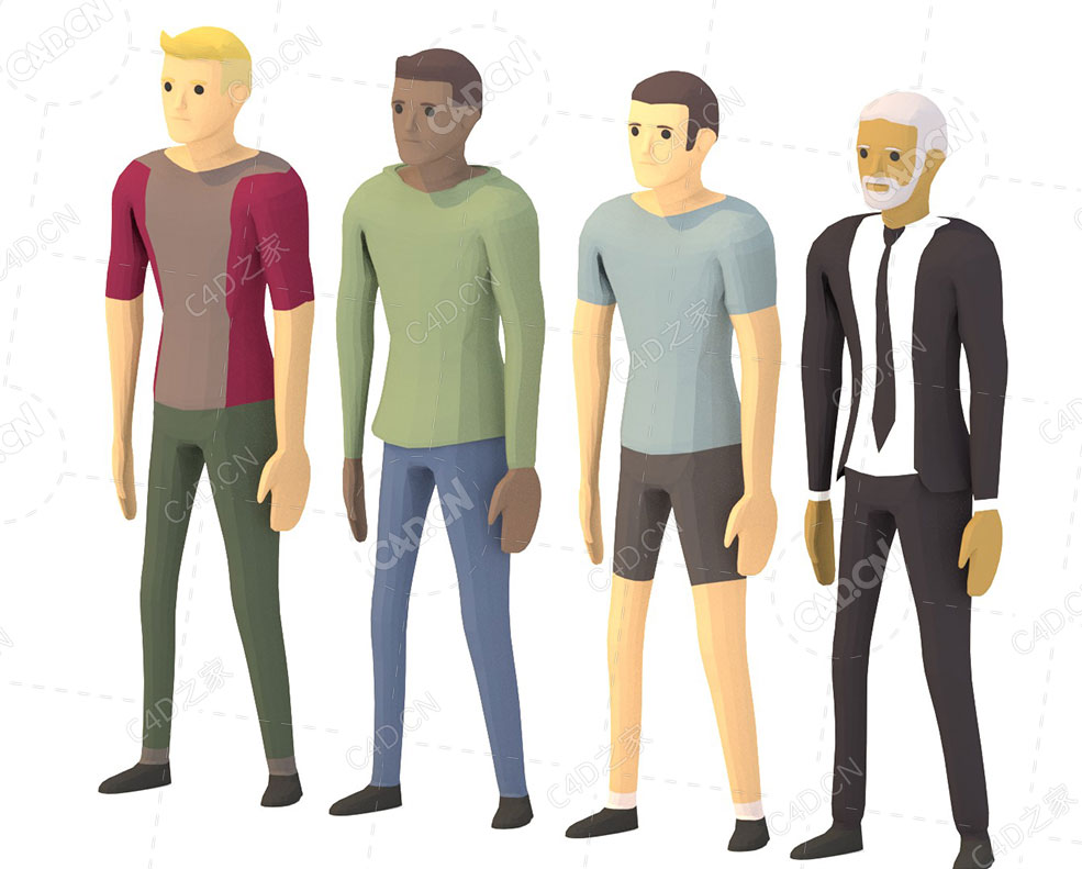 4个低面多边形卡通男性人物动画C4D模型Animated Men Characters