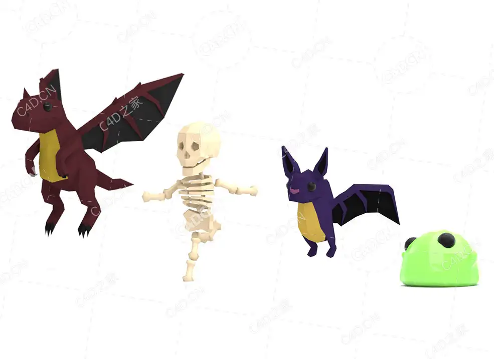 4个粘液翼龙骷髅骨架人魔龙低面多边形卡通怪物动画模型Animated Monster Pack
