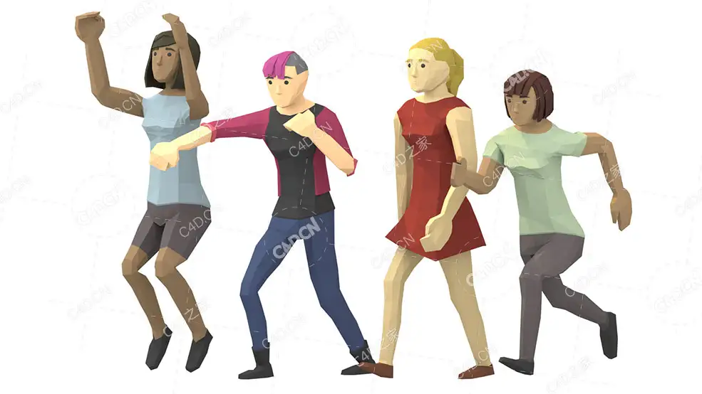 4个低面多边形卡通女性动画角色C4D模型Animated Women Characters