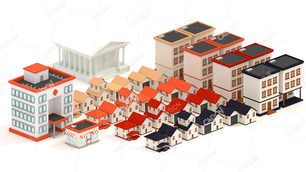 卡通房子建筑居民楼别墅医院小区楼房C4D模型Buildings pack