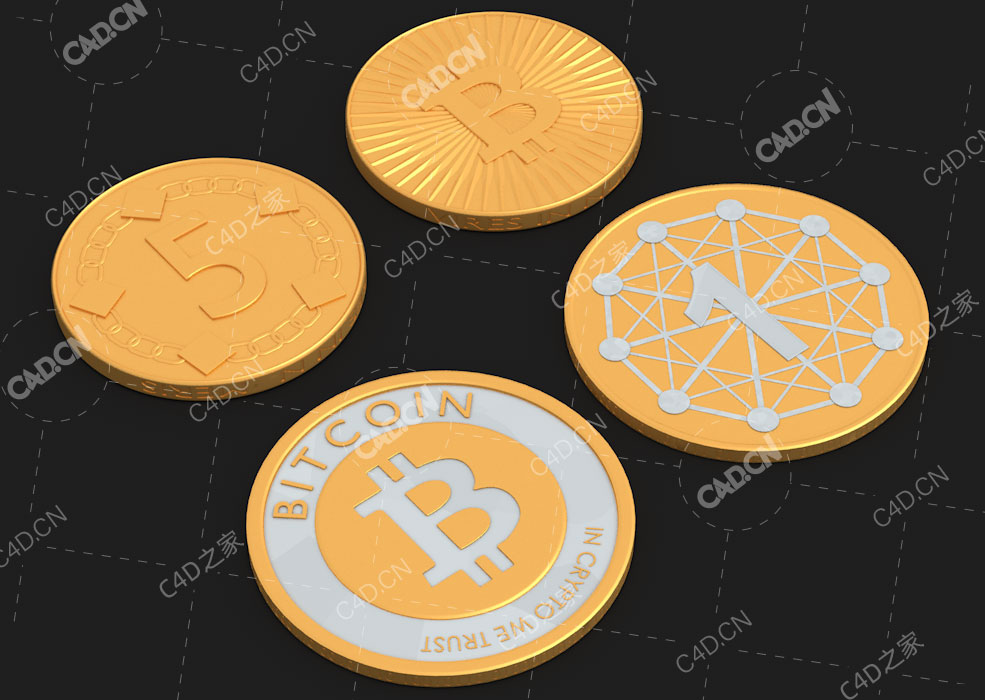 比特币金币数字货币C4D模型Bitcoins