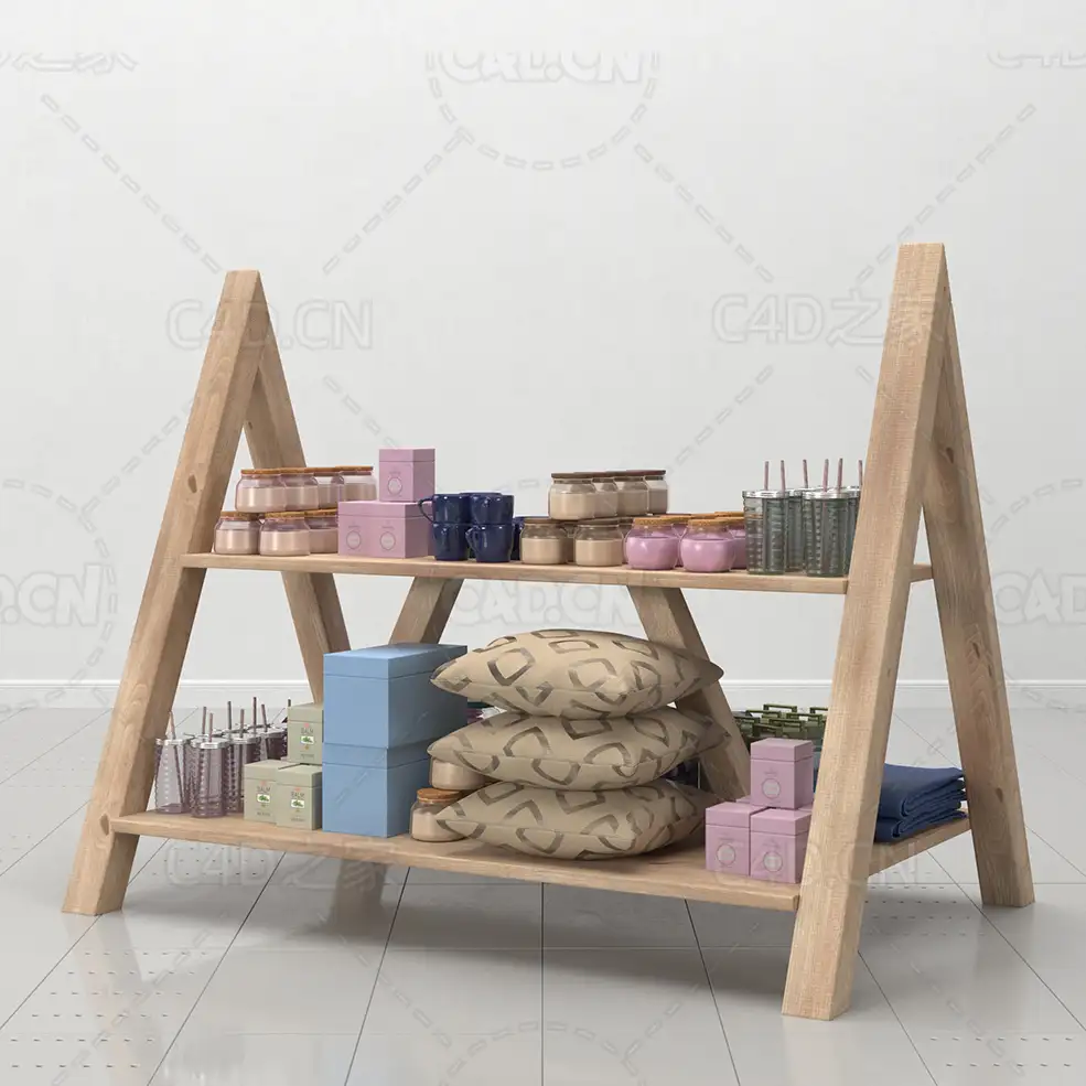 家用物品抱枕杯子毯子洗发水盒子实木货架C4D模型 - C4D之家 - 04.jpg