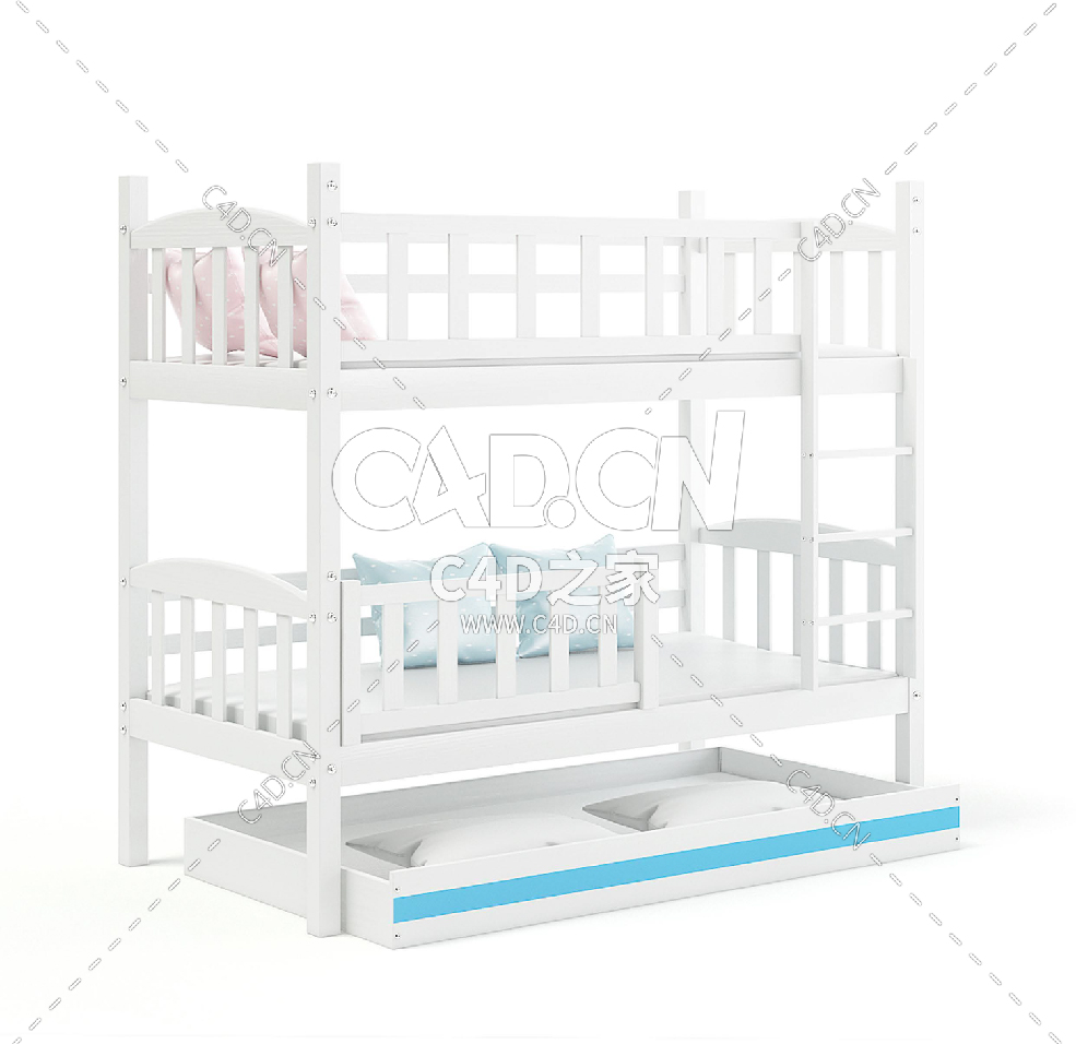 白色双层床C4D模型下载 White Bunk Bed