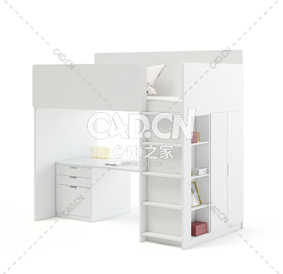 带书桌的白色双层床C4D模型下载 White Bunk Bed with Desk