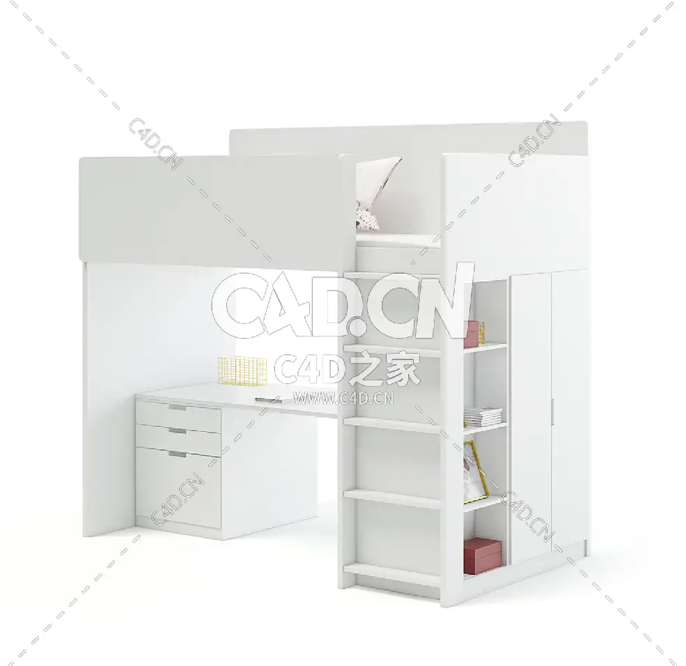 带书桌的白色双层床C4D模型下载 White Bunk Bed with Desk