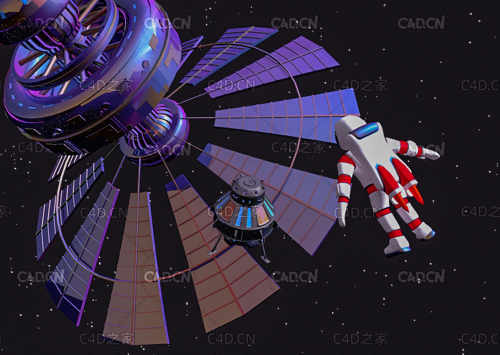 低面卡通宇航员国际空间站太空遨游场景C4D模型low poly space scene