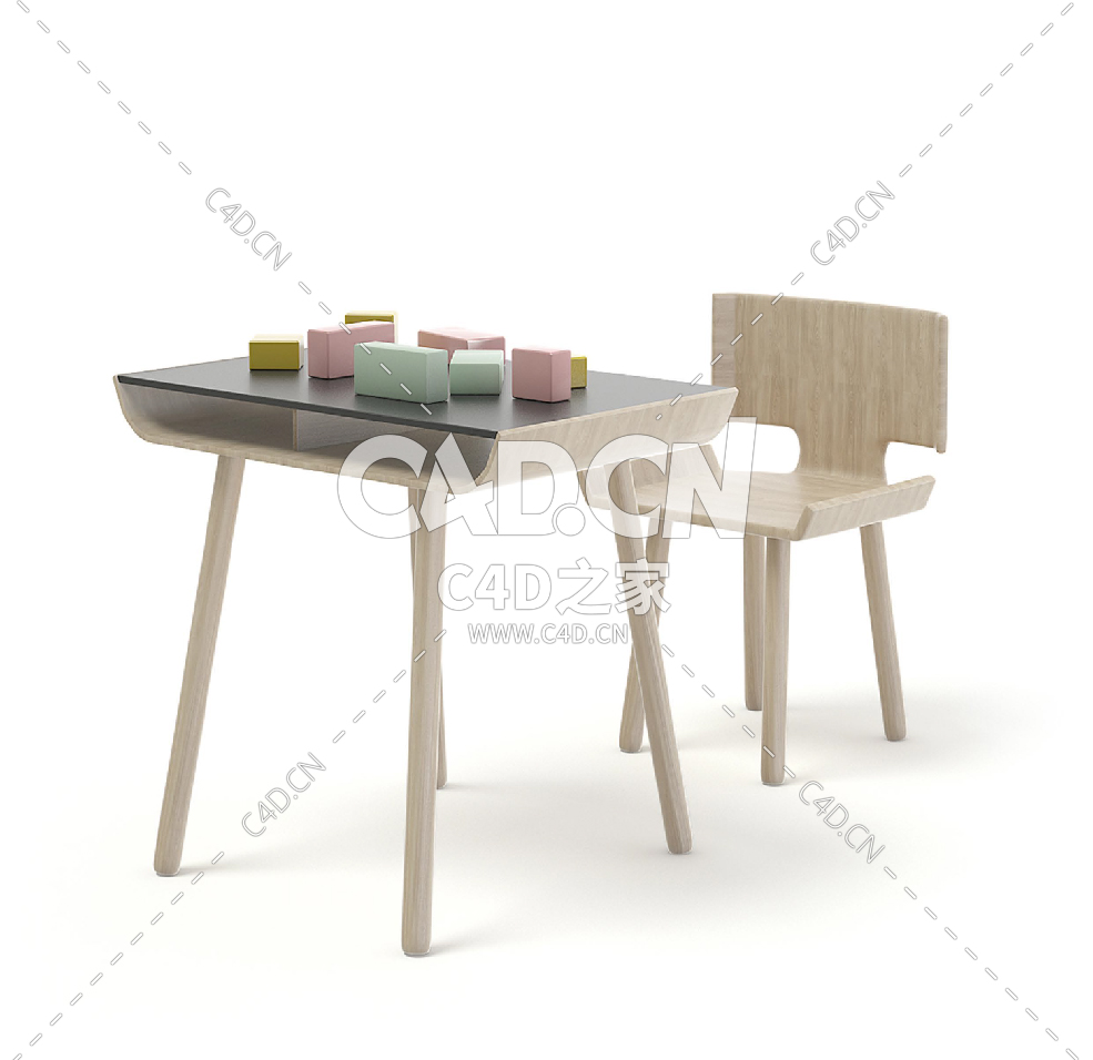 带积木的儿童座椅和桌子C4D模型下载 Children Chair and Table with Blocks