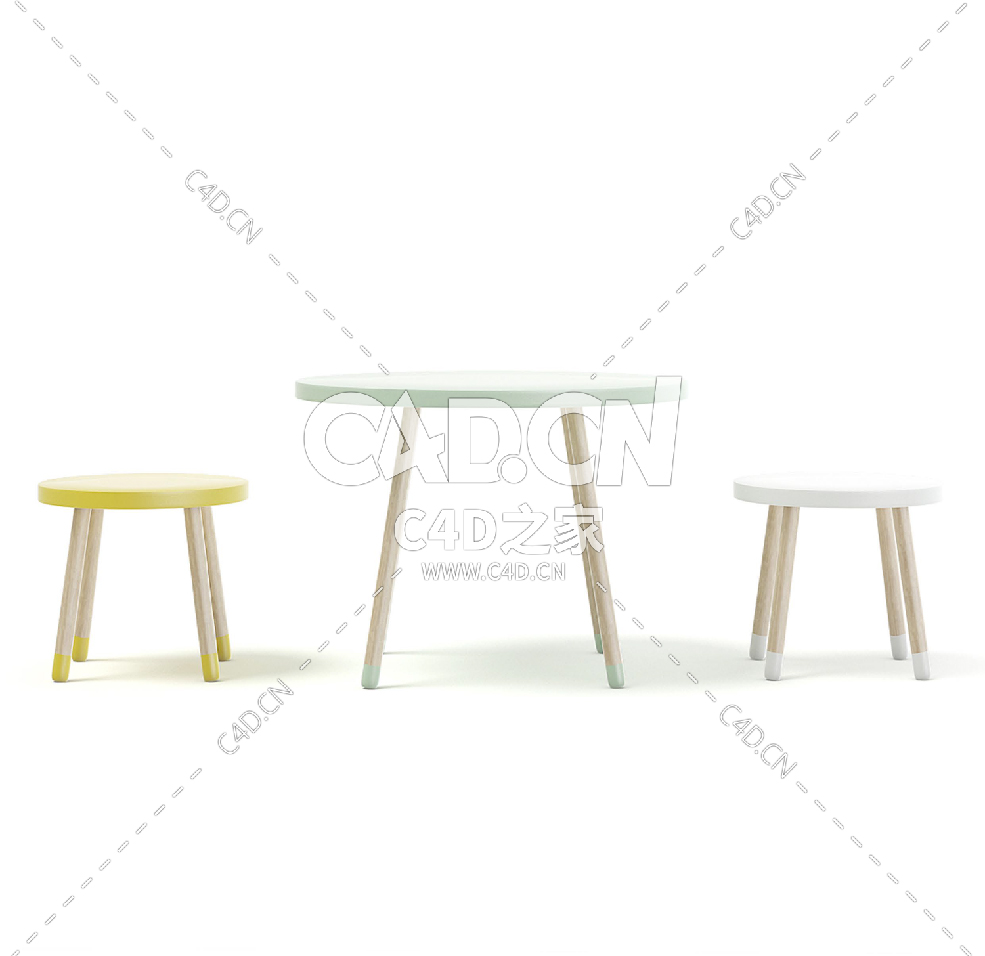 三色儿童桌椅C4D模型下载 Three Color Children's Table and Stools