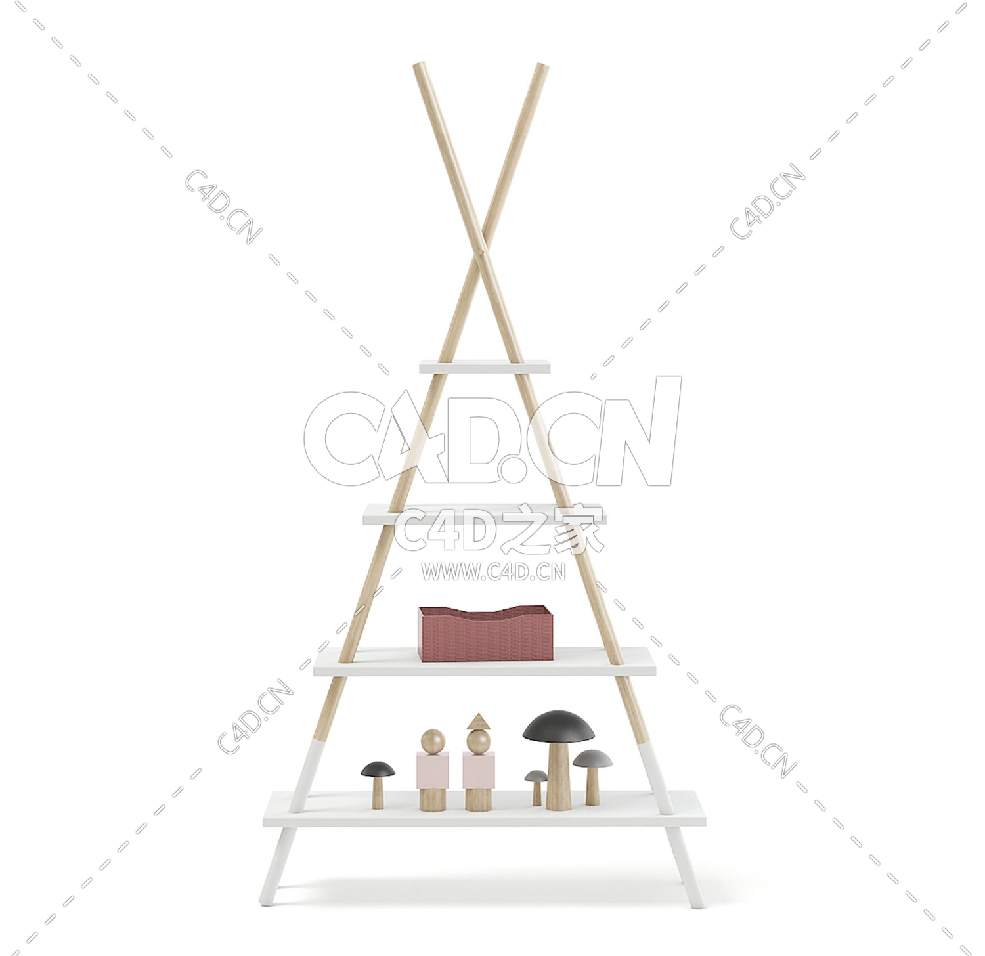 带装饰的T恤形架子C4D模型下载 Teepee Shape Shelf with Decorations