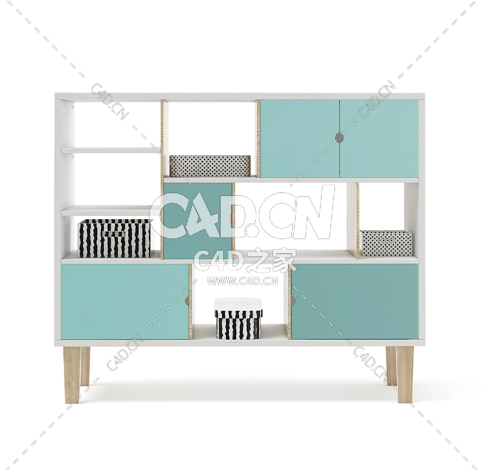 带黑白盒子的木架C4D模型下载 Wooden Shelf with Black and White Boxes