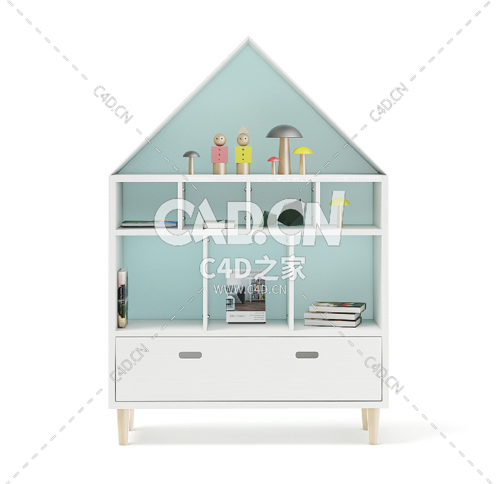 带装饰的屋形架子C4D模型下载 House Shape Shelf with Decorations
