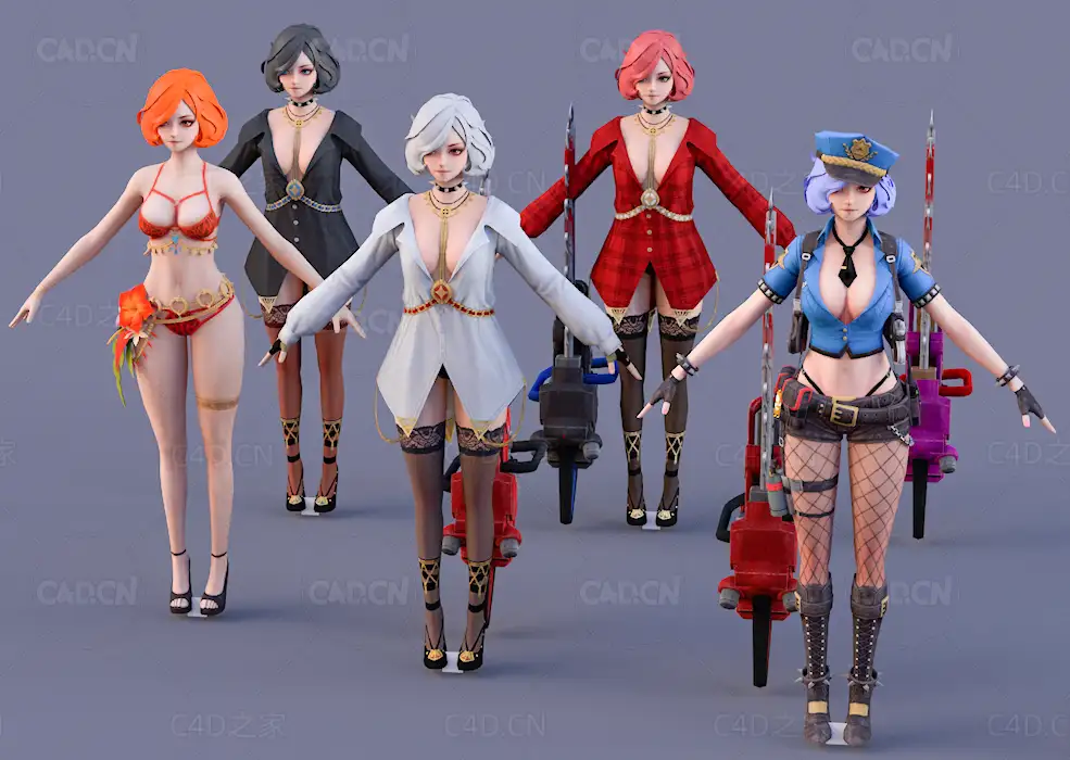 五个不同服装的性感黑丝袜卡通动漫女孩人物C4D模型Velvet - 3D Model