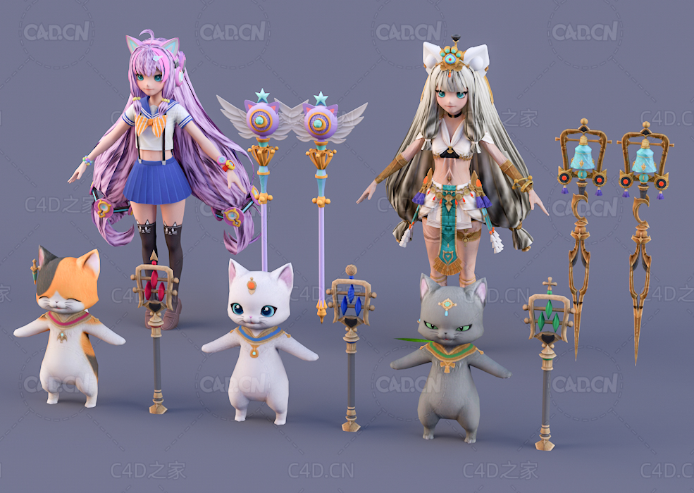 小魔仙卡通女孩巴斯特魔法猫魔杖C4D模型Bastet - 3D Model
