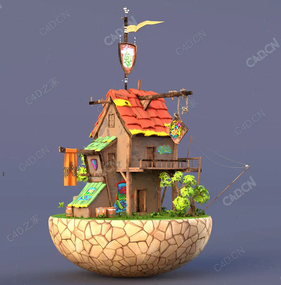 卡通房子树木店铺酒家房子建筑C4D模型Stylized House Tree